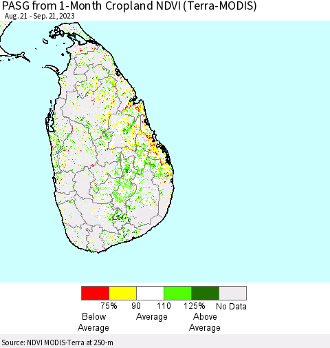 Sri Lanka PASG from 1-Month Cropland NDVI (Terra-MODIS) Thematic Map For 9/14/2023 - 9/21/2023
