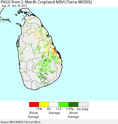 Sri Lanka PASG from 1-Month Cropland NDVI (Terra-MODIS) Thematic Map For 9/22/2023 - 9/29/2023