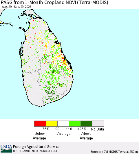 Sri Lanka PASG from 1-Month Cropland NDVI (Terra-MODIS) Thematic Map For 9/21/2023 - 9/30/2023