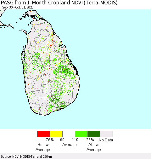 Sri Lanka PASG from 1-Month Cropland NDVI (Terra-MODIS) Thematic Map For 10/24/2023 - 10/31/2023