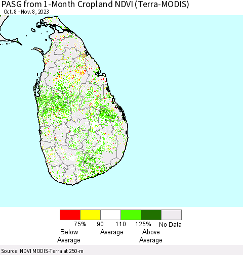 Sri Lanka PASG from 1-Month Cropland NDVI (Terra-MODIS) Thematic Map For 11/1/2023 - 11/8/2023