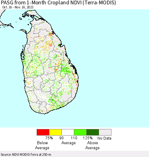 Sri Lanka PASG from 1-Month Cropland NDVI (Terra-MODIS) Thematic Map For 11/9/2023 - 11/16/2023