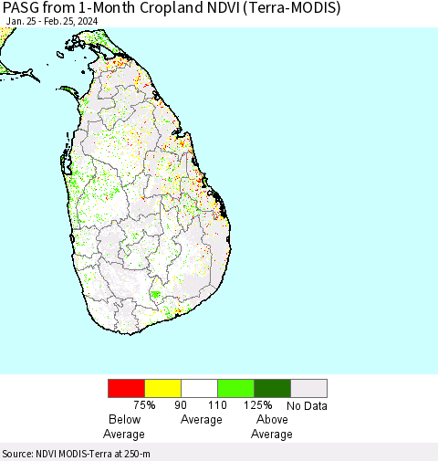 Sri Lanka PASG from 1-Month Cropland NDVI (Terra-MODIS) Thematic Map For 2/18/2024 - 2/25/2024