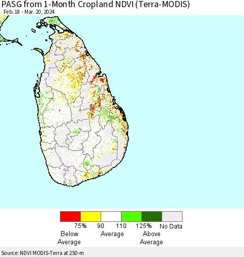 Sri Lanka PASG from 1-Month Cropland NDVI (Terra-MODIS) Thematic Map For 3/13/2024 - 3/20/2024