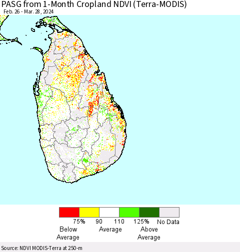 Sri Lanka PASG from 1-Month Cropland NDVI (Terra-MODIS) Thematic Map For 3/21/2024 - 3/28/2024