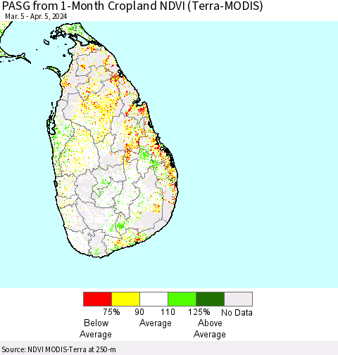 Sri Lanka PASG from 1-Month Cropland NDVI (Terra-MODIS) Thematic Map For 3/29/2024 - 4/5/2024