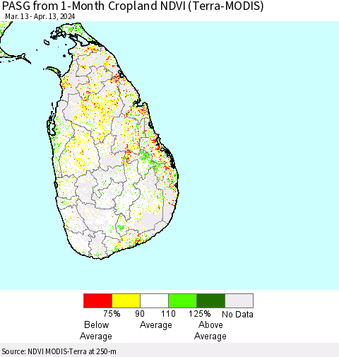 Sri Lanka PASG from 1-Month Cropland NDVI (Terra-MODIS) Thematic Map For 4/6/2024 - 4/13/2024