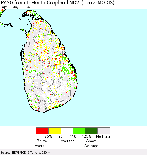Sri Lanka PASG from 1-Month Cropland NDVI (Terra-MODIS) Thematic Map For 4/30/2024 - 5/7/2024