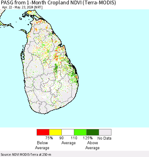 Sri Lanka PASG from 1-Month Cropland NDVI (Terra-MODIS) Thematic Map For 5/16/2024 - 5/23/2024