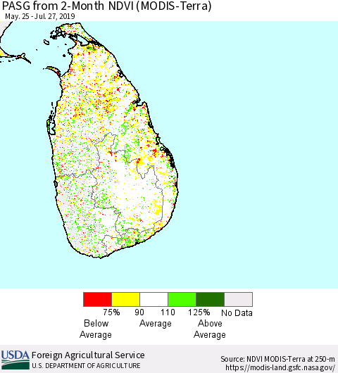 Sri Lanka PASG from 2-Month NDVI (Terra-MODIS) Thematic Map For 7/21/2019 - 7/31/2019