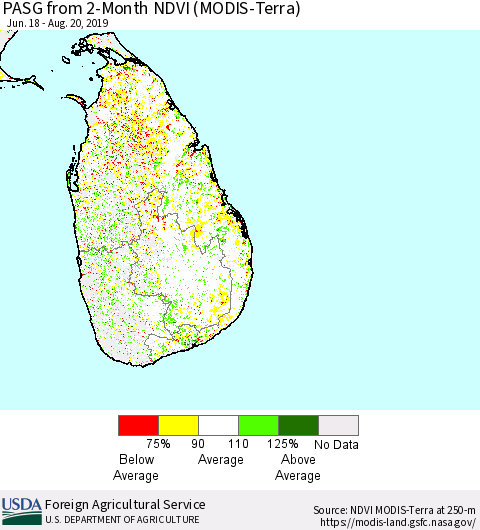 Sri Lanka PASG from 2-Month NDVI (Terra-MODIS) Thematic Map For 8/11/2019 - 8/20/2019