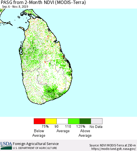 Sri Lanka PASG from 2-Month NDVI (Terra-MODIS) Thematic Map For 11/1/2019 - 11/10/2019
