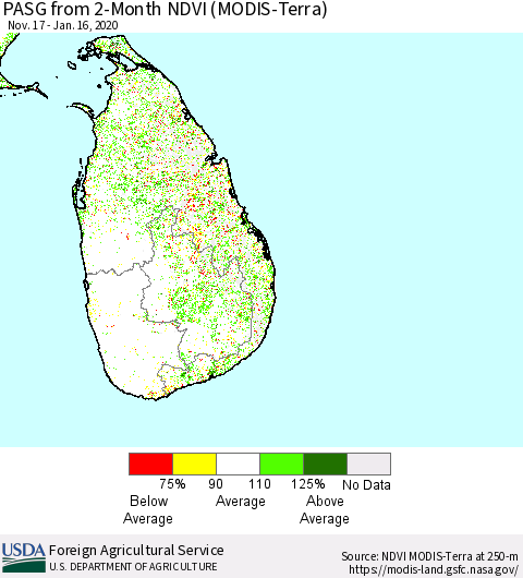Sri Lanka PASG from 2-Month NDVI (Terra-MODIS) Thematic Map For 1/11/2020 - 1/20/2020