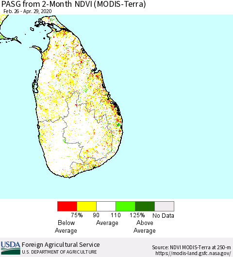 Sri Lanka PASG from 2-Month NDVI (Terra-MODIS) Thematic Map For 4/21/2020 - 4/30/2020