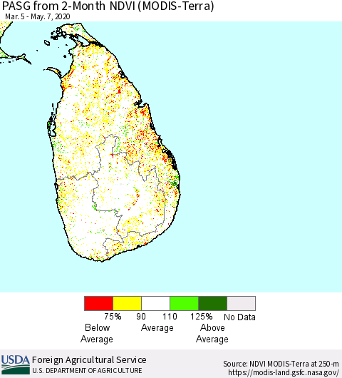 Sri Lanka PASG from 2-Month NDVI (Terra-MODIS) Thematic Map For 5/1/2020 - 5/10/2020