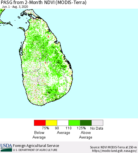 Sri Lanka PASG from 2-Month NDVI (Terra-MODIS) Thematic Map For 8/1/2020 - 8/10/2020