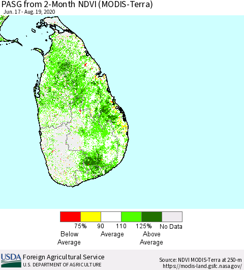 Sri Lanka PASG from 2-Month NDVI (Terra-MODIS) Thematic Map For 8/11/2020 - 8/20/2020