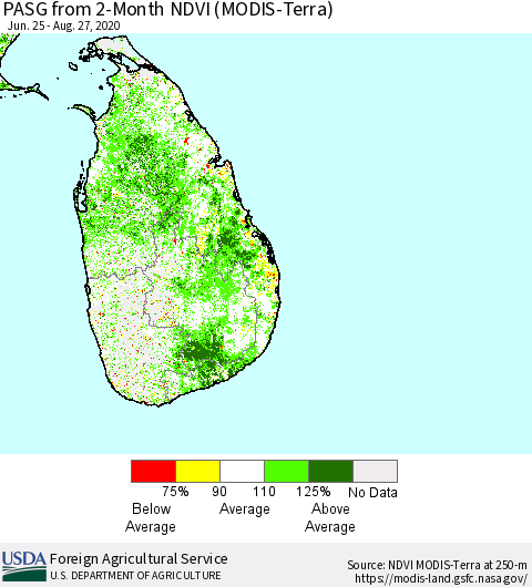 Sri Lanka PASG from 2-Month NDVI (Terra-MODIS) Thematic Map For 8/21/2020 - 8/31/2020