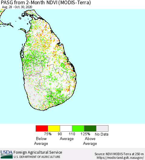 Sri Lanka PASG from 2-Month NDVI (Terra-MODIS) Thematic Map For 10/21/2020 - 10/31/2020