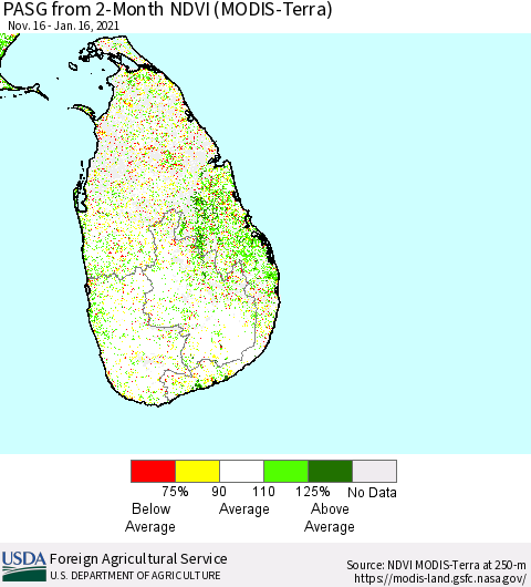 Sri Lanka PASG from 2-Month NDVI (MODIS-Terra) Thematic Map For 1/11/2021 - 1/20/2021