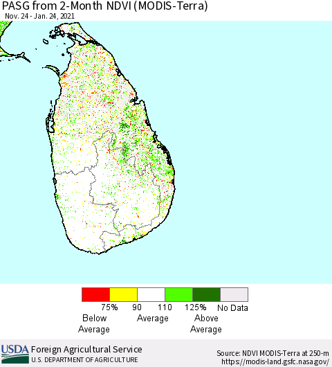 Sri Lanka PASG from 2-Month NDVI (Terra-MODIS) Thematic Map For 1/21/2021 - 1/31/2021