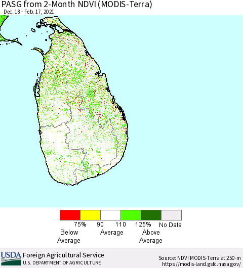 Sri Lanka PASG from 2-Month NDVI (Terra-MODIS) Thematic Map For 2/11/2021 - 2/20/2021