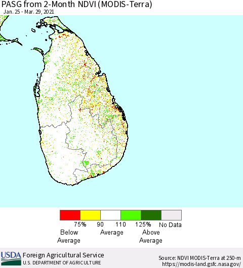 Sri Lanka PASG from 2-Month NDVI (Terra-MODIS) Thematic Map For 3/21/2021 - 3/31/2021
