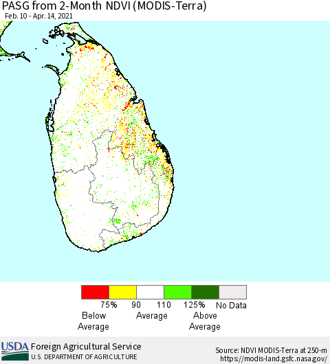 Sri Lanka PASG from 2-Month NDVI (Terra-MODIS) Thematic Map For 4/11/2021 - 4/20/2021