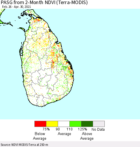 Sri Lanka PASG from 2-Month NDVI (Terra-MODIS) Thematic Map For 4/23/2021 - 4/30/2021
