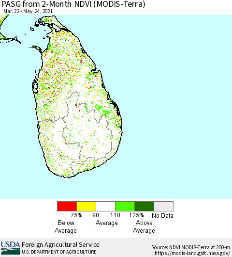 Sri Lanka PASG from 2-Month NDVI (Terra-MODIS) Thematic Map For 5/21/2021 - 5/31/2021