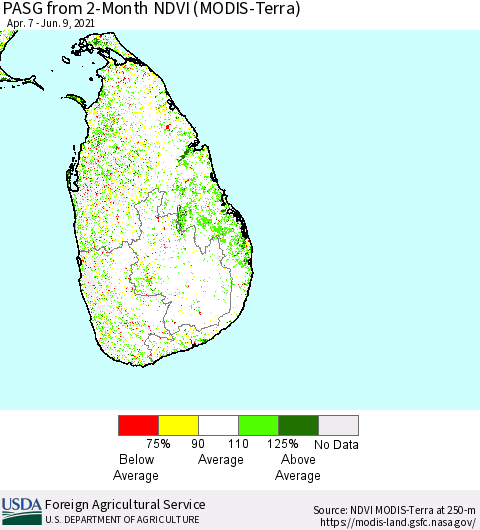 Sri Lanka PASG from 2-Month NDVI (Terra-MODIS) Thematic Map For 6/1/2021 - 6/10/2021
