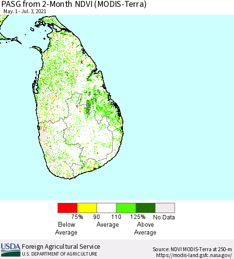 Sri Lanka PASG from 2-Month NDVI (Terra-MODIS) Thematic Map For 7/1/2021 - 7/10/2021