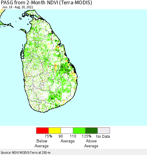 Sri Lanka PASG from 2-Month NDVI (Terra-MODIS) Thematic Map For 8/11/2021 - 8/20/2021