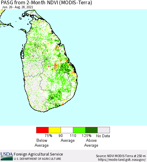 Sri Lanka PASG from 2-Month NDVI (Terra-MODIS) Thematic Map For 8/21/2021 - 8/31/2021