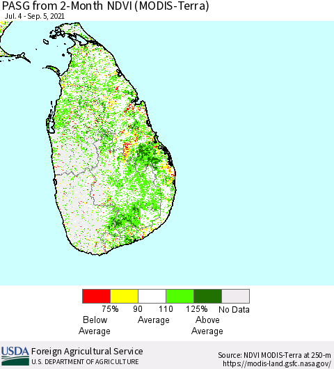 Sri Lanka PASG from 2-Month NDVI (Terra-MODIS) Thematic Map For 9/1/2021 - 9/10/2021