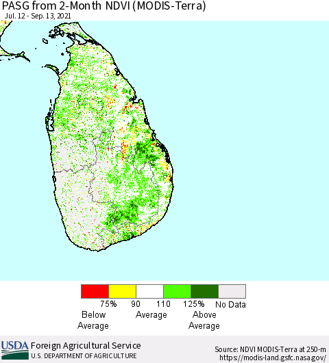 Sri Lanka PASG from 2-Month NDVI (Terra-MODIS) Thematic Map For 9/11/2021 - 9/20/2021