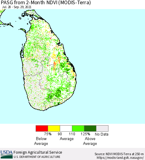 Sri Lanka PASG from 2-Month NDVI (Terra-MODIS) Thematic Map For 9/21/2021 - 9/30/2021