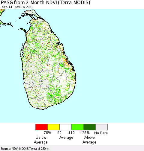 Sri Lanka PASG from 2-Month NDVI (Terra-MODIS) Thematic Map For 11/9/2021 - 11/16/2021