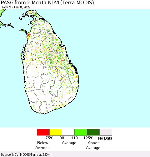 Sri Lanka PASG from 2-Month NDVI (Terra-MODIS) Thematic Map For 1/1/2022 - 1/8/2022