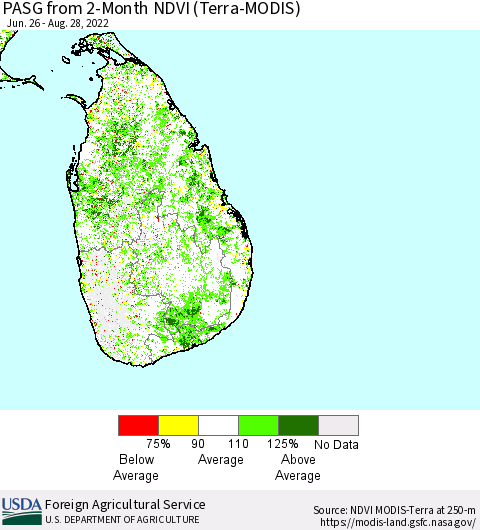 Sri Lanka PASG from 2-Month NDVI (Terra-MODIS) Thematic Map For 8/21/2022 - 8/31/2022