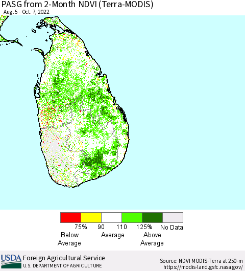 Sri Lanka PASG from 2-Month NDVI (Terra-MODIS) Thematic Map For 10/1/2022 - 10/10/2022