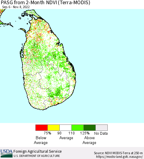 Sri Lanka PASG from 2-Month NDVI (Terra-MODIS) Thematic Map For 11/1/2022 - 11/10/2022