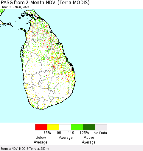 Sri Lanka PASG from 2-Month NDVI (Terra-MODIS) Thematic Map For 1/1/2023 - 1/8/2023