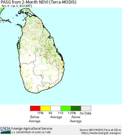 Sri Lanka PASG from 2-Month NDVI (Terra-MODIS) Thematic Map For 1/1/2023 - 1/10/2023