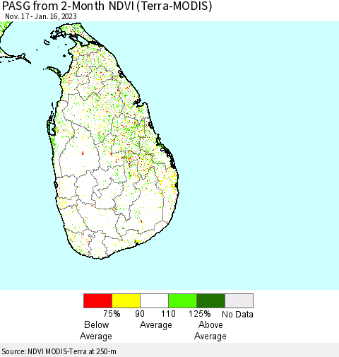 Sri Lanka PASG from 2-Month NDVI (Terra-MODIS) Thematic Map For 1/9/2023 - 1/16/2023