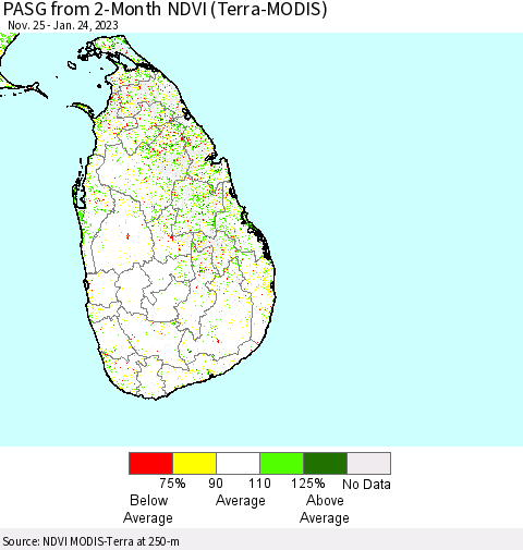 Sri Lanka PASG from 2-Month NDVI (Terra-MODIS) Thematic Map For 1/17/2023 - 1/24/2023