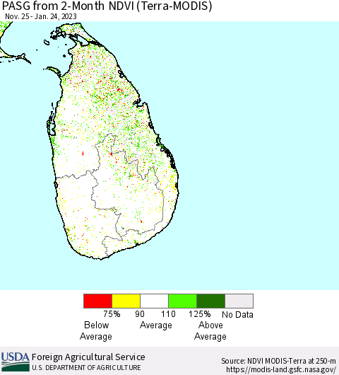 Sri Lanka PASG from 2-Month NDVI (Terra-MODIS) Thematic Map For 1/21/2023 - 1/31/2023