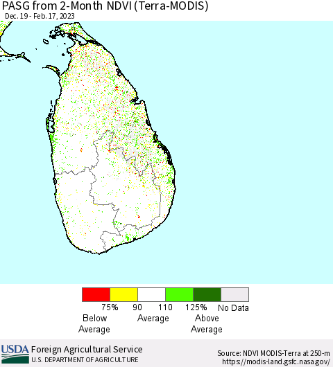 Sri Lanka PASG from 2-Month NDVI (Terra-MODIS) Thematic Map For 2/11/2023 - 2/20/2023