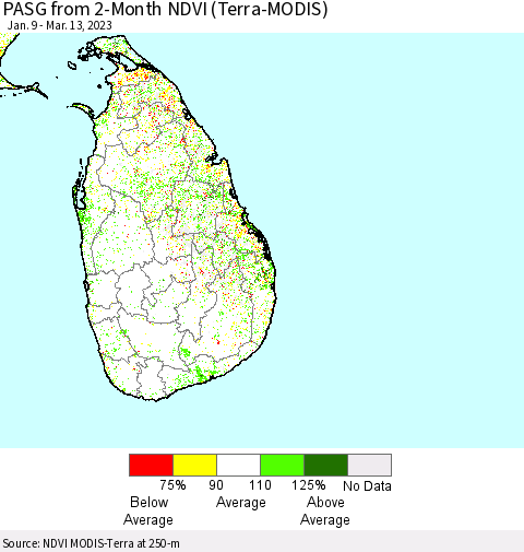 Sri Lanka PASG from 2-Month NDVI (Terra-MODIS) Thematic Map For 3/6/2023 - 3/13/2023
