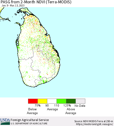 Sri Lanka PASG from 2-Month NDVI (Terra-MODIS) Thematic Map For 3/11/2023 - 3/20/2023
